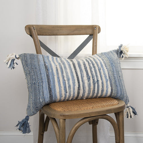 14" X 26" Denim Blue And Ivory Cotton Throw Pillow with Tassels And White Diomedes