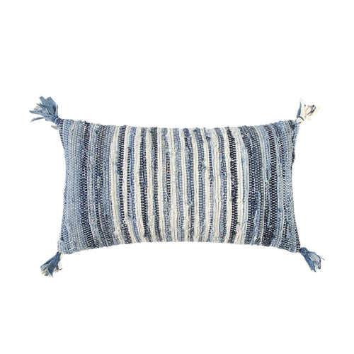 14" X 26" Denim Blue And Ivory Cotton Throw Pillow with Tassels And White Diomedes
