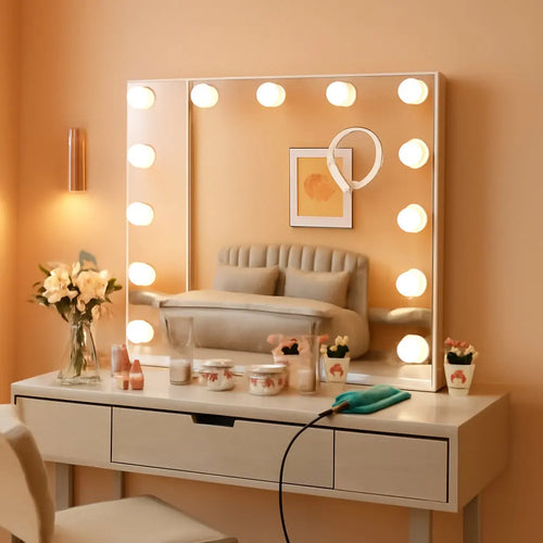 Vanity dressing table with lighted mirror, makeup jars, flowers, and beige cushioned chair in cozy room