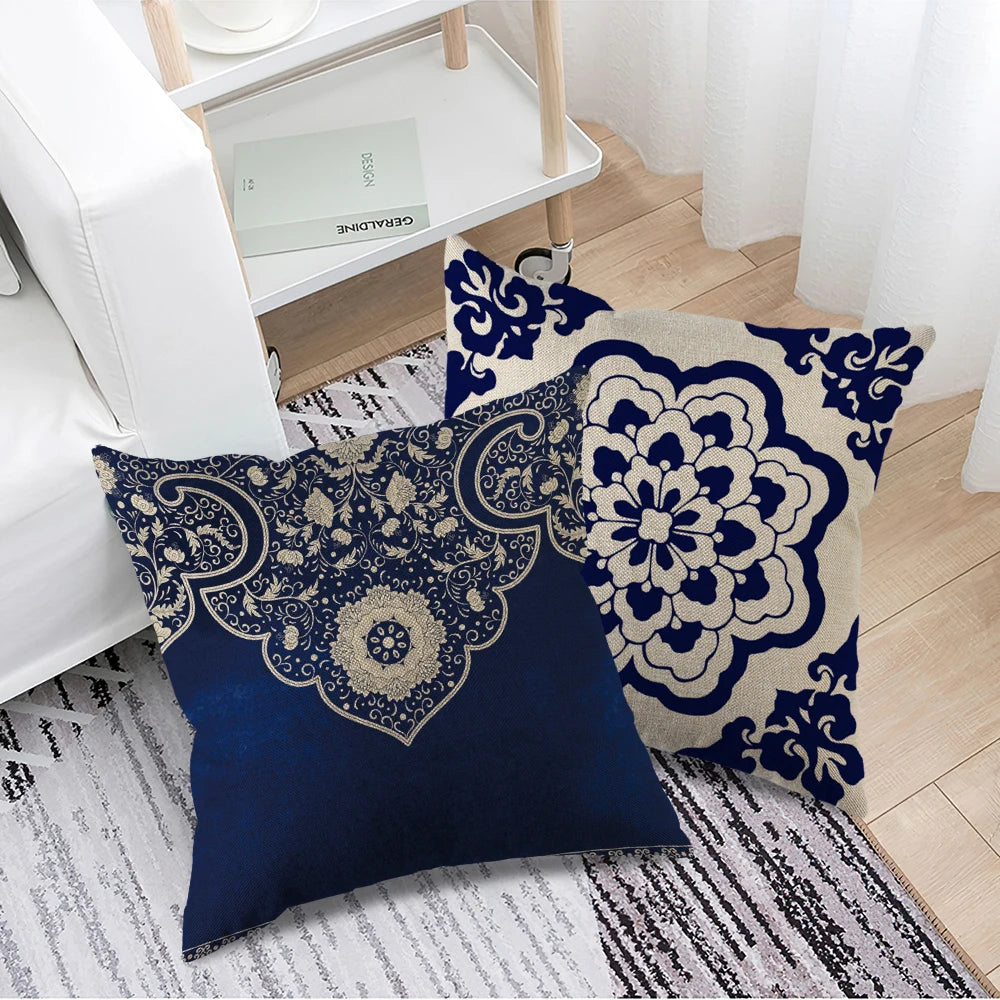 Rich Floral Pillow Covers Navy Blue White Chinoiserie Durable Bohemian