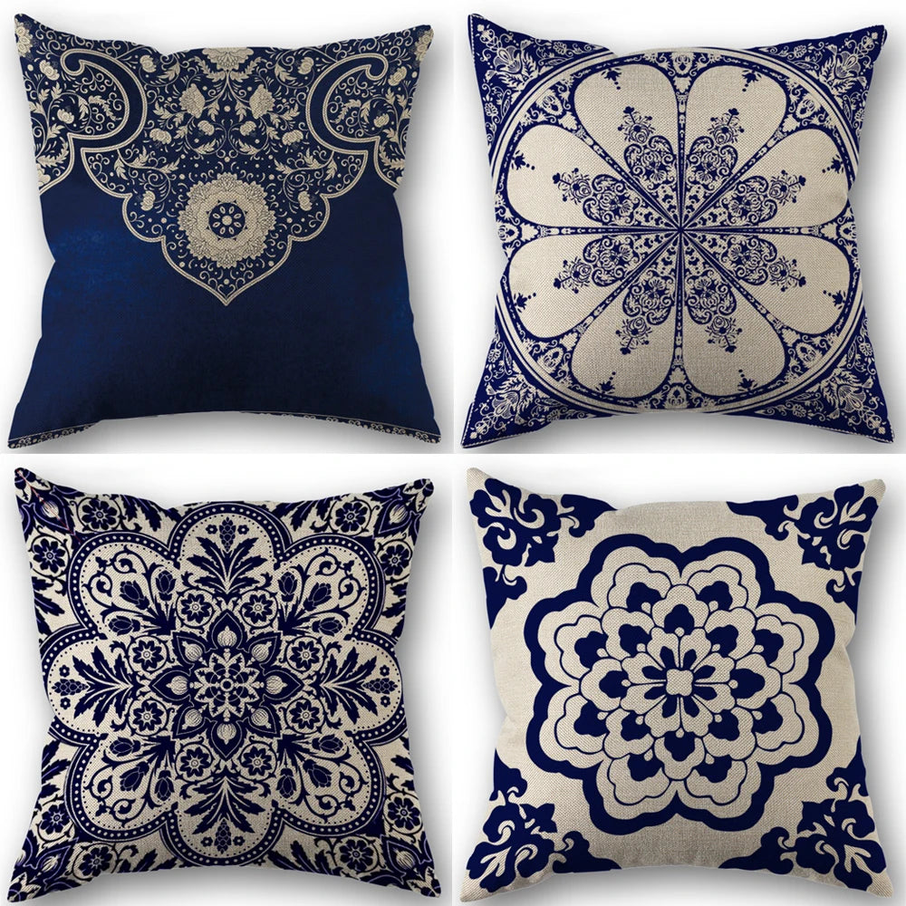 Rich Floral Pillow Covers Navy Blue White Chinoiserie Durable Bohemian